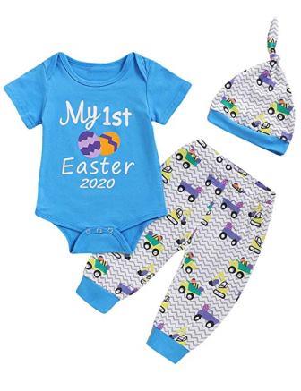 Truly One Baby Boys Girls My First Easter Gift Eggs Printed Bodysuit Pants with Hat